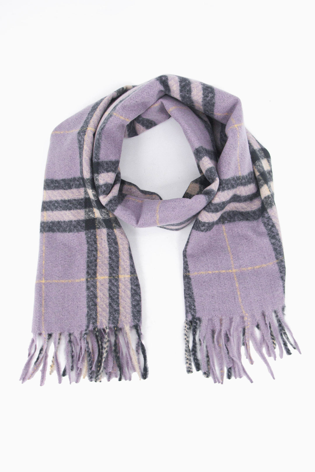 lilac grey scarf with a black and grey tartan plaid pattern, the scarf has a tasselled fringe edge