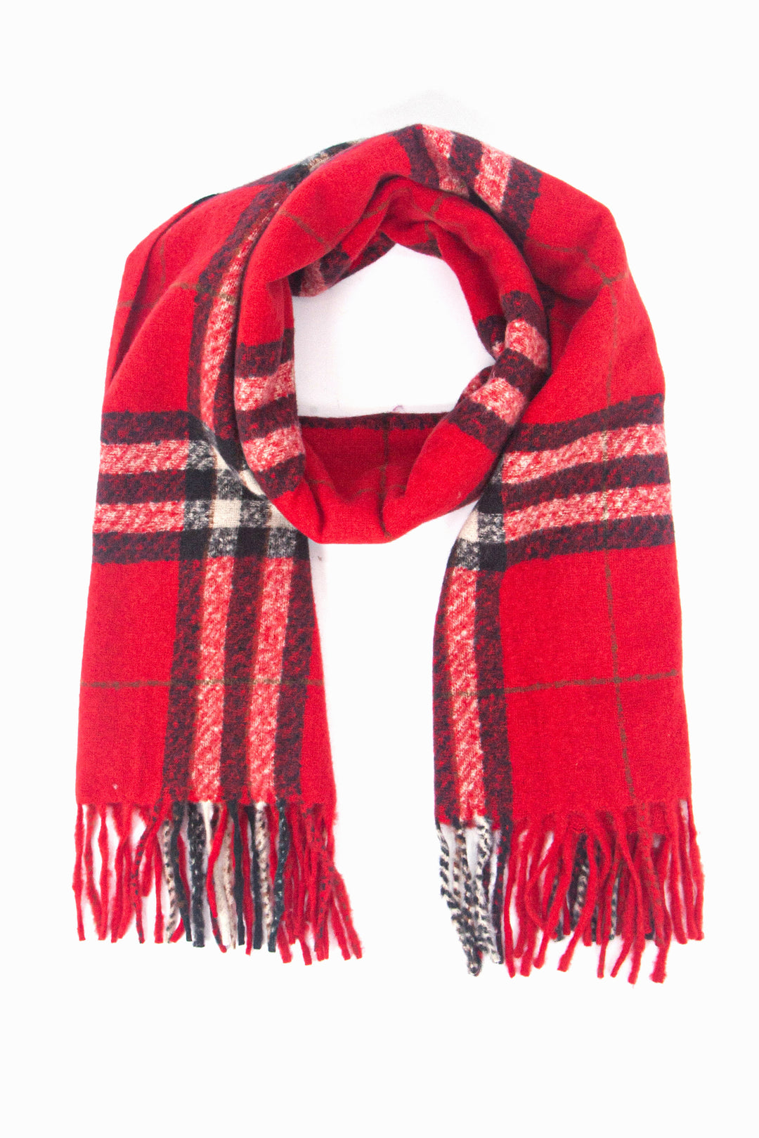 red scarf with a black and grey tartan plaid pattern, the scarf has a tasselled fringe edge