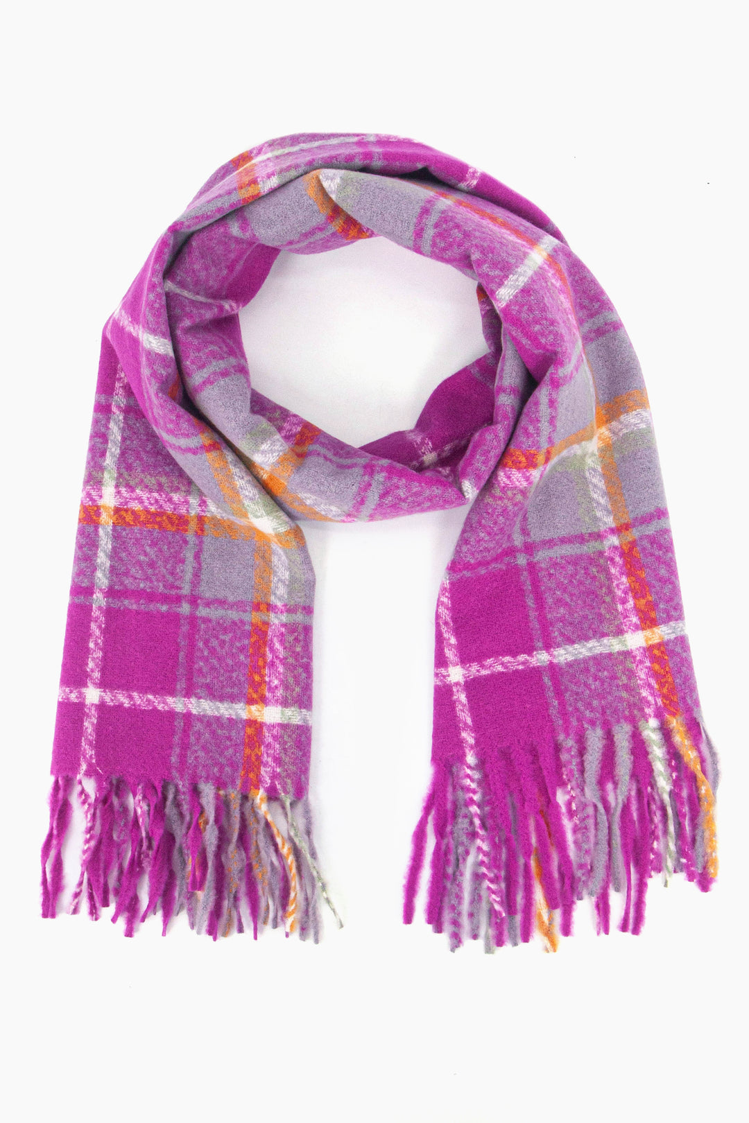 violet purple plaid scarf with white and yellow intersecting check stripes