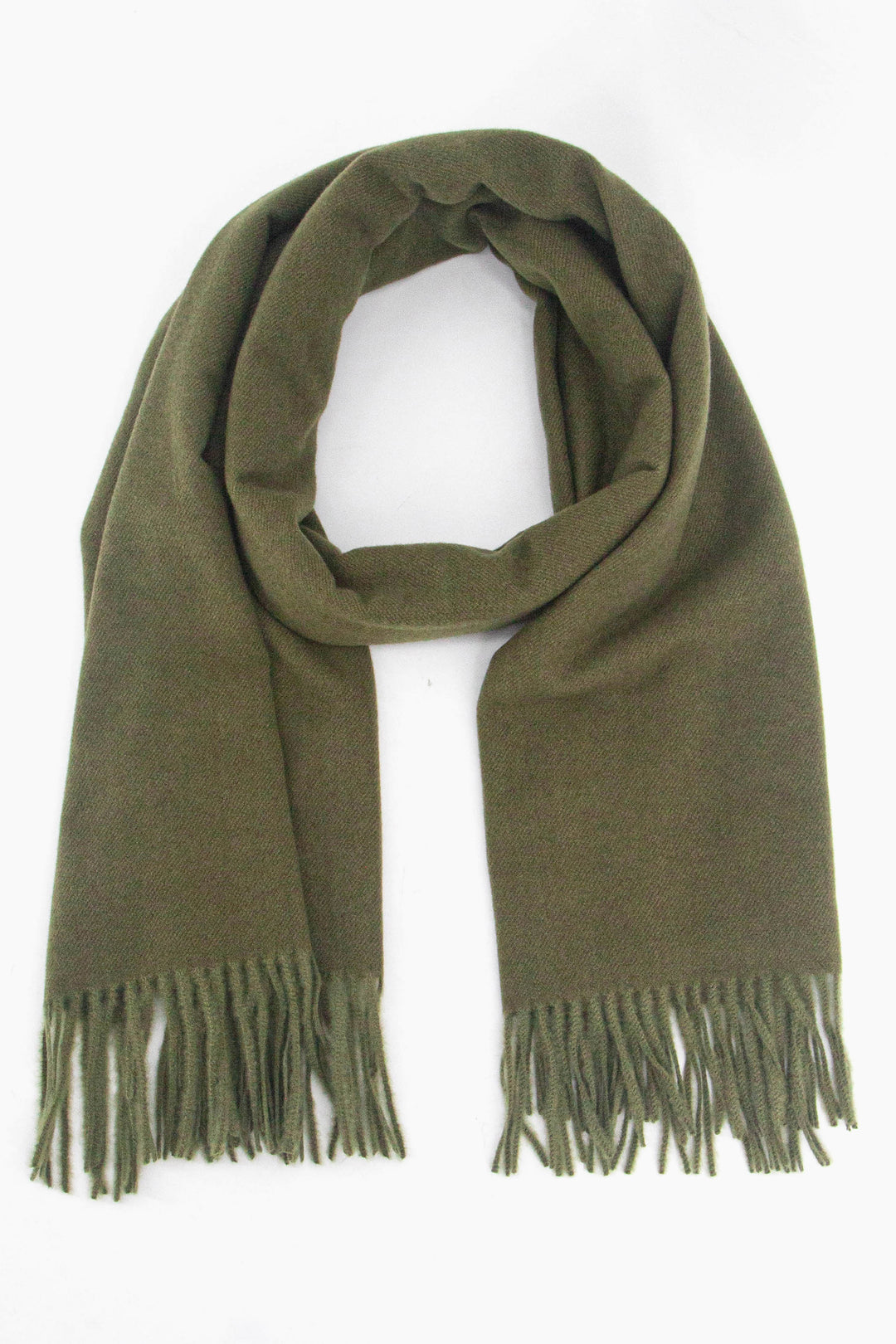 plain khaki green winter scarf with a tasselled fringe