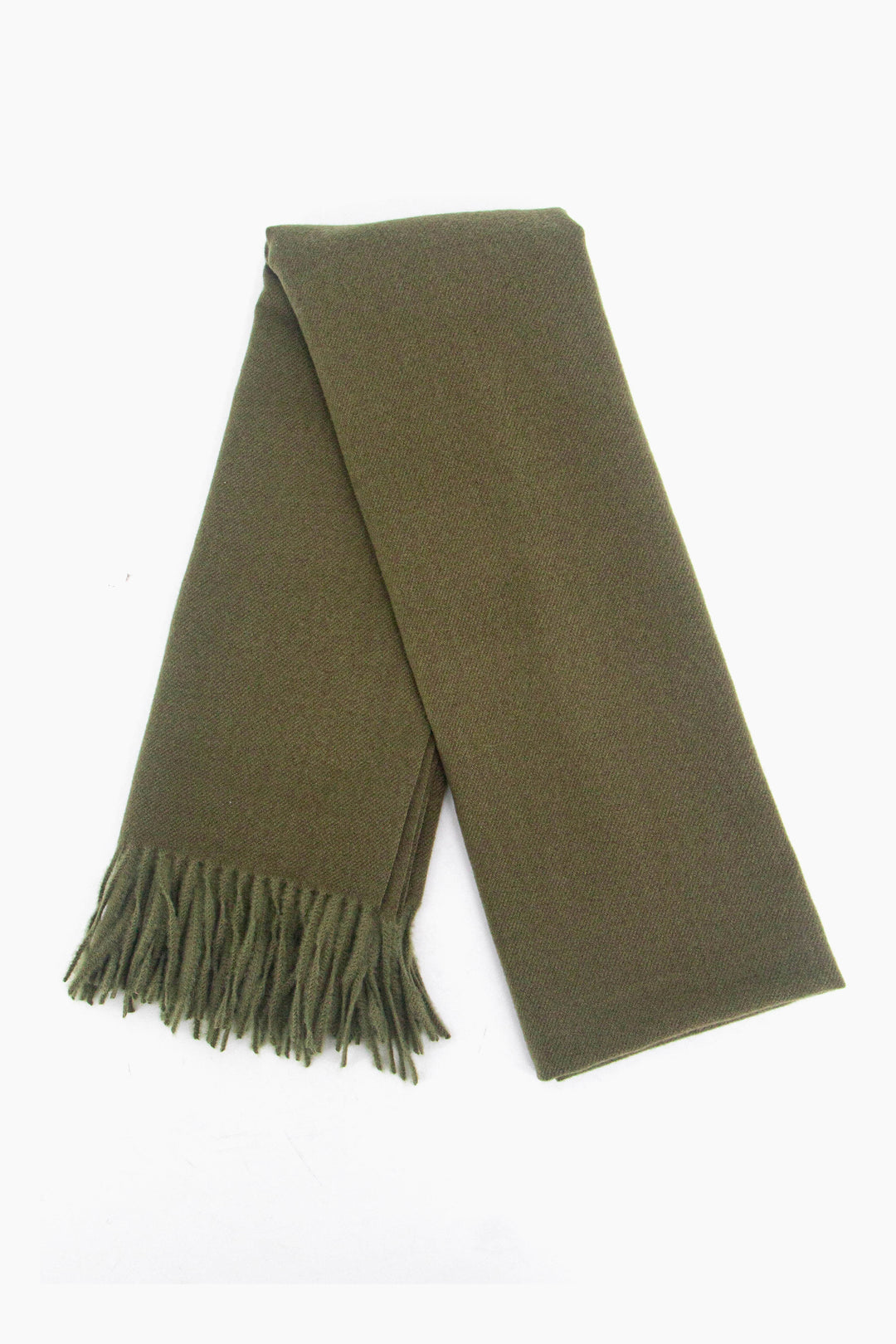 showing the scarf folded while laying flat, the plain khaki green design is shown