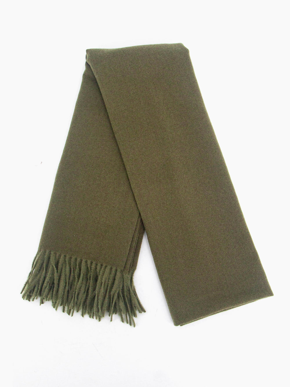 showing the scarf folded while laying flat, the plain khaki green design is shown