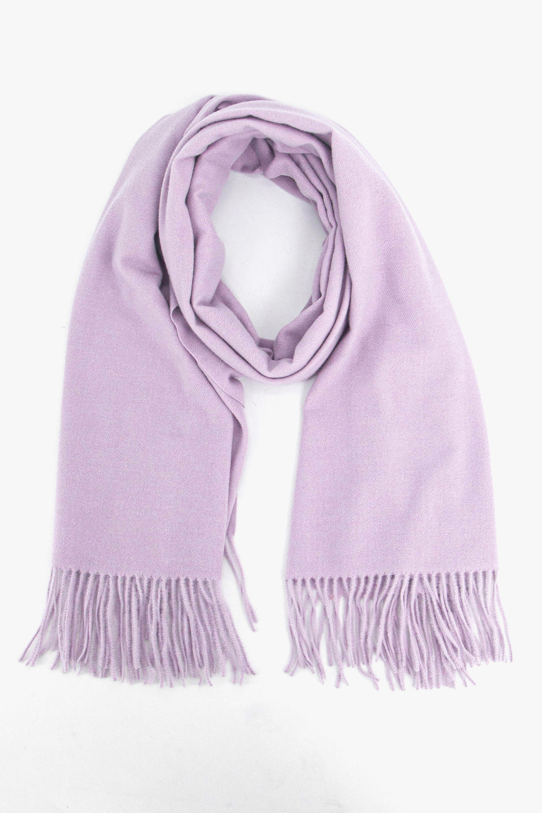 plain lilac winter scarf with a tasselled fringe