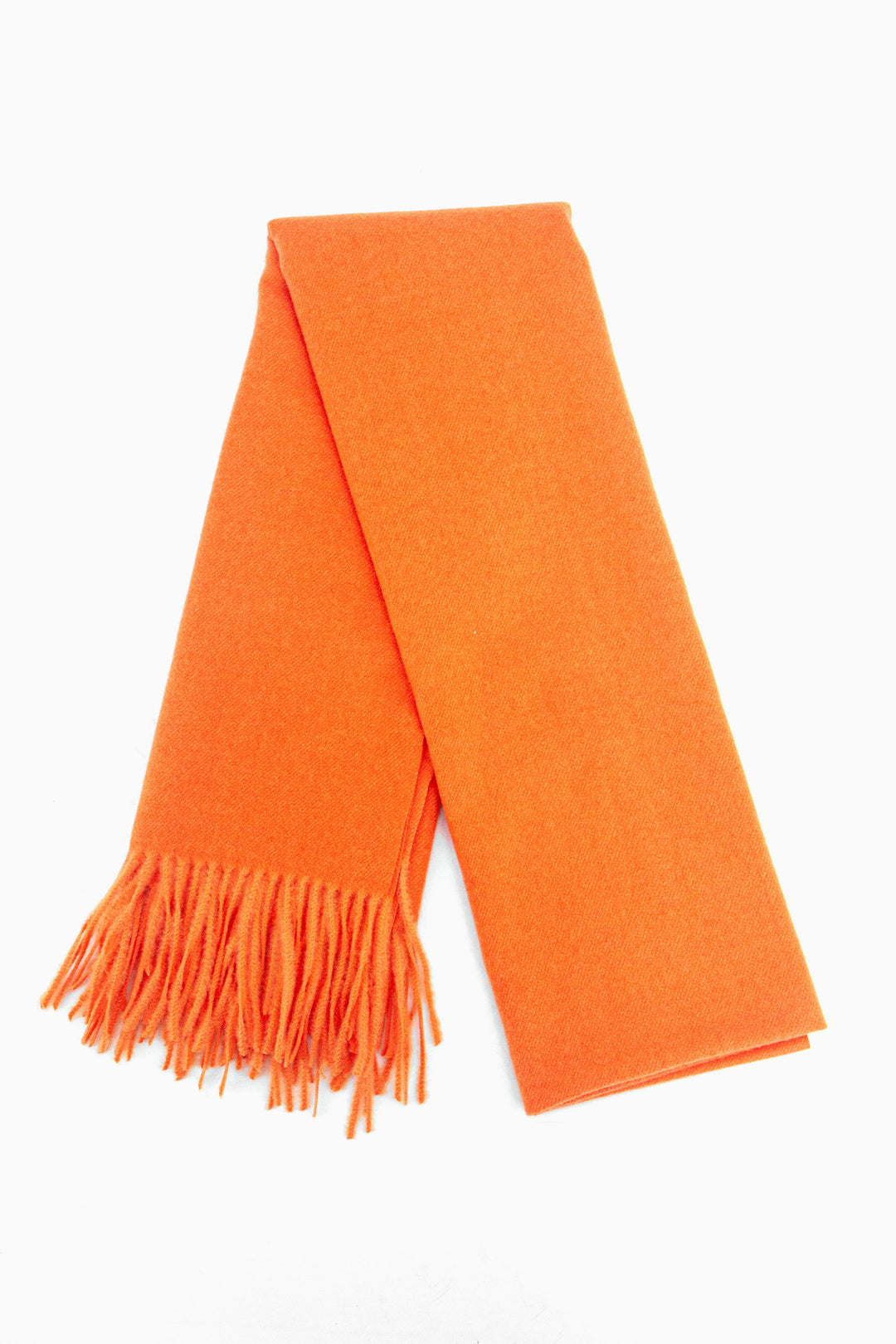 showing the scarf folded while laying flat, the plain orange design is shown