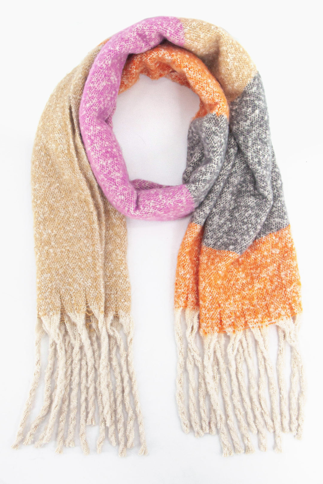 cream, pink, orange and grey colour block heavyweight winter scarf with white tassel trims