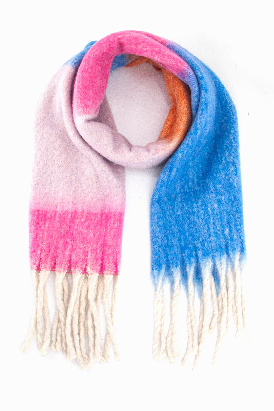 blue and pink colour block winter scarf with a white tassel trim