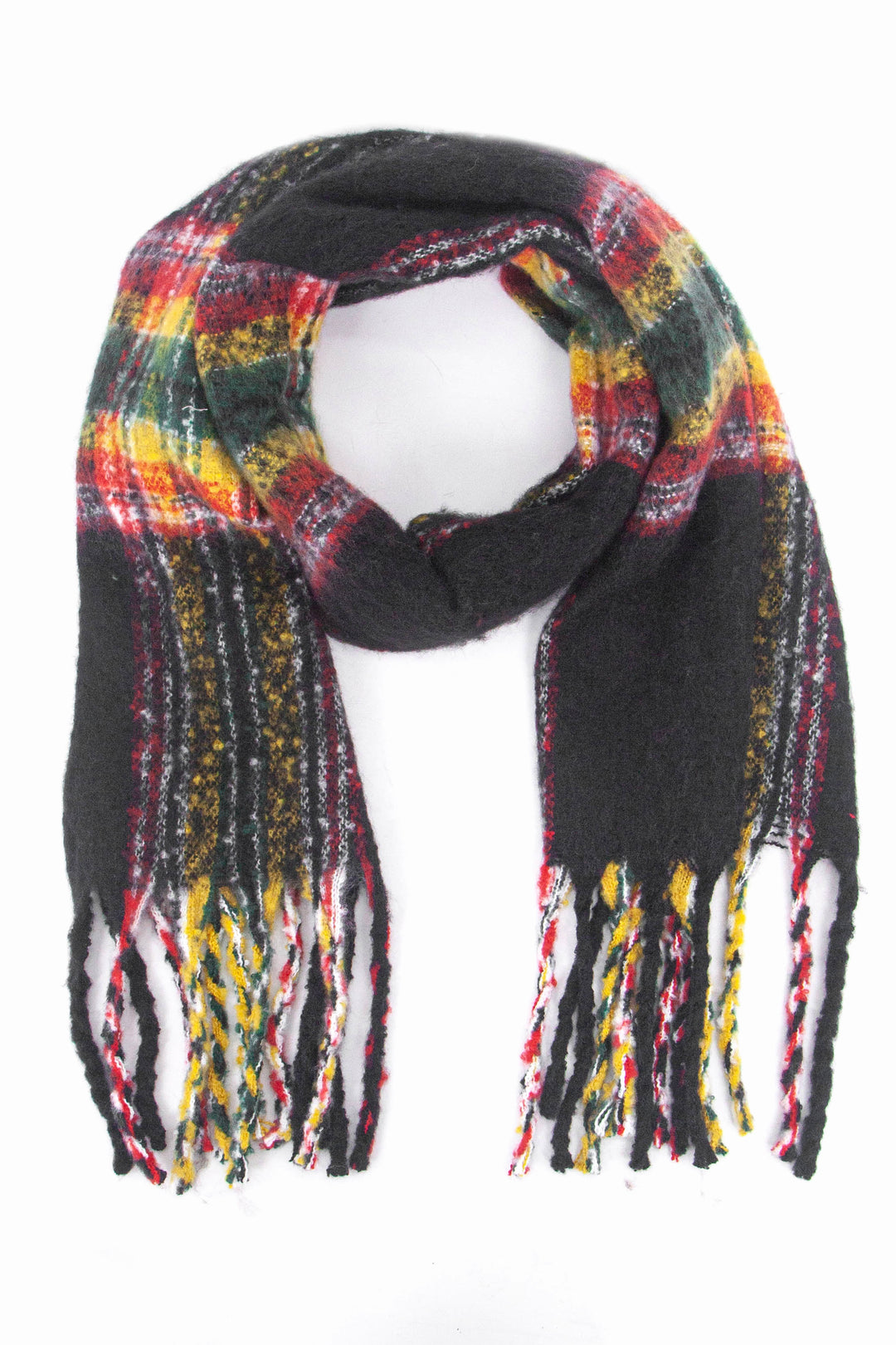 black scarf with a multi-coloured tartan plaid pattern, the scarf has a tasselled fringe edge