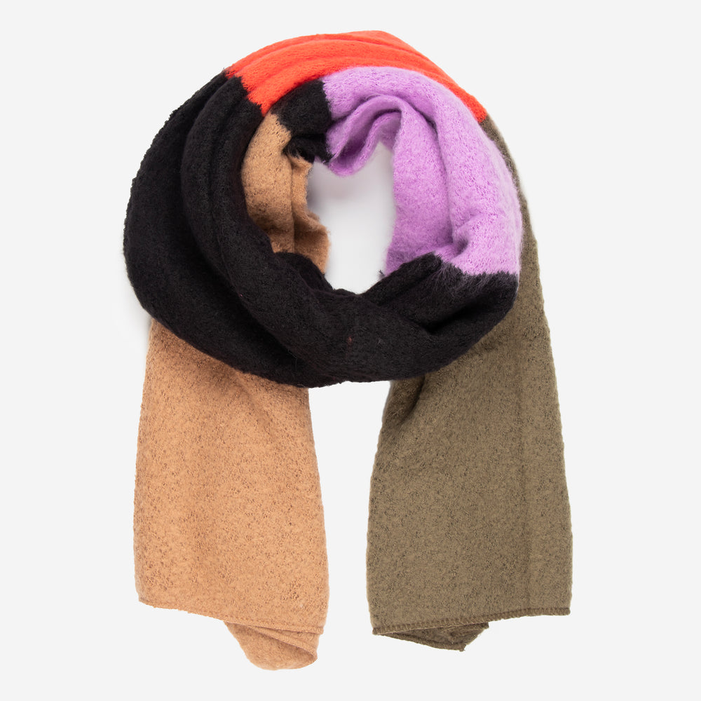 colour block winter scarf made from soft knitted viscose, the scarf has orange, khaki, black, neutral and lilac blocks of colour in the design.