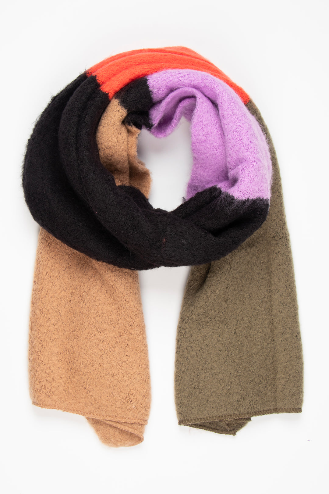 colour block winter scarf made from soft knitted viscose, the scarf has orange, khaki, black, neutral and lilac blocks of colour in the design.