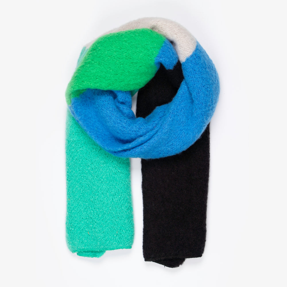 heavyweight knitted winter scarf in a colour block pattern, the scarf is green, blue and black