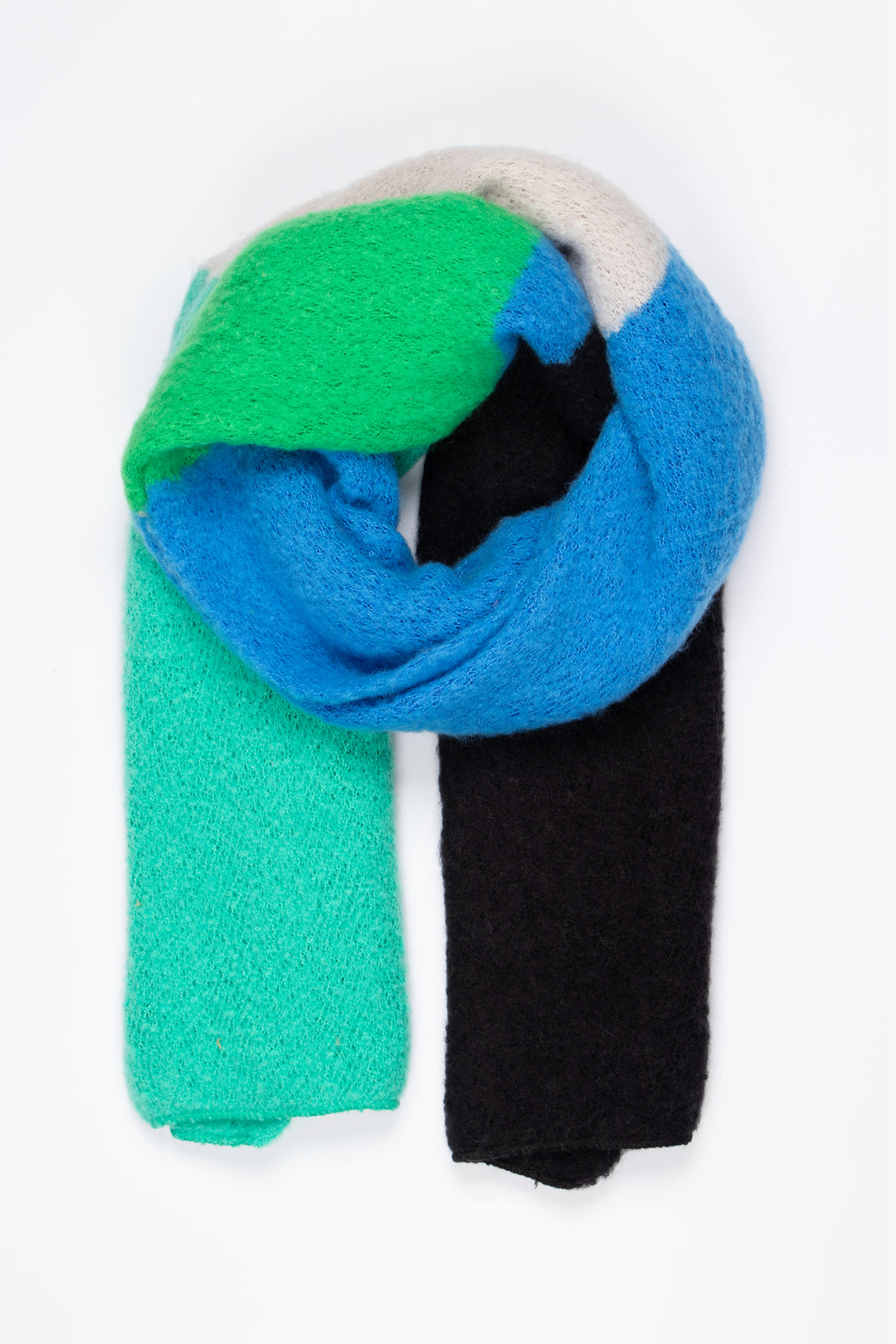 heavyweight knitted winter scarf in a colour block pattern, the scarf is green, blue and black