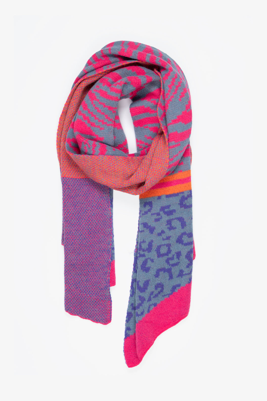 blue and fuchsia pink leopard print and tiger print winter scarf