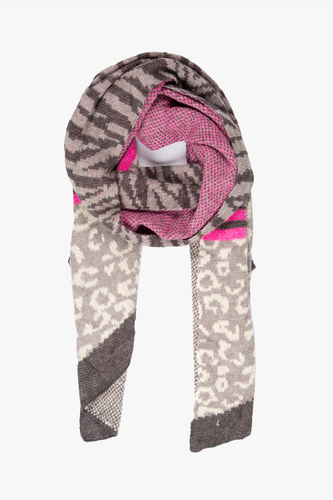 grey and fuchsia pink leopard print and tiger print winter scarf