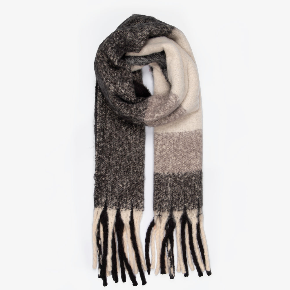 black and grey square colour block winter scarf with tassel trims