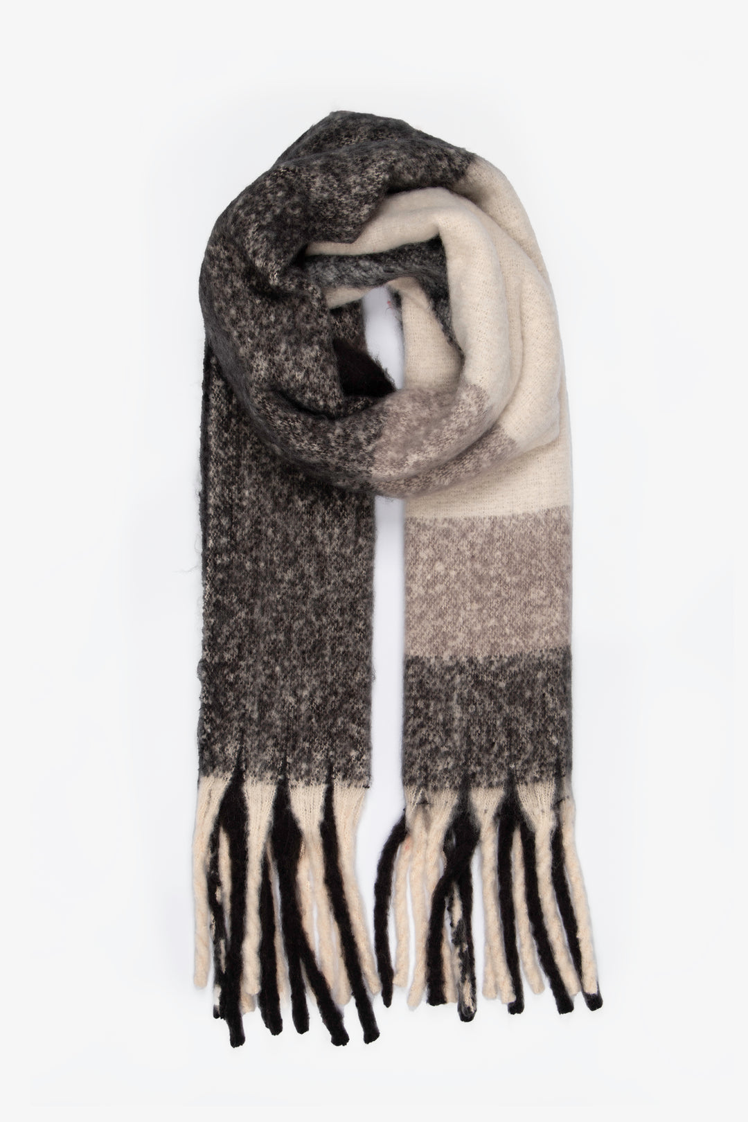 black and grey square colour block winter scarf with tassel trims