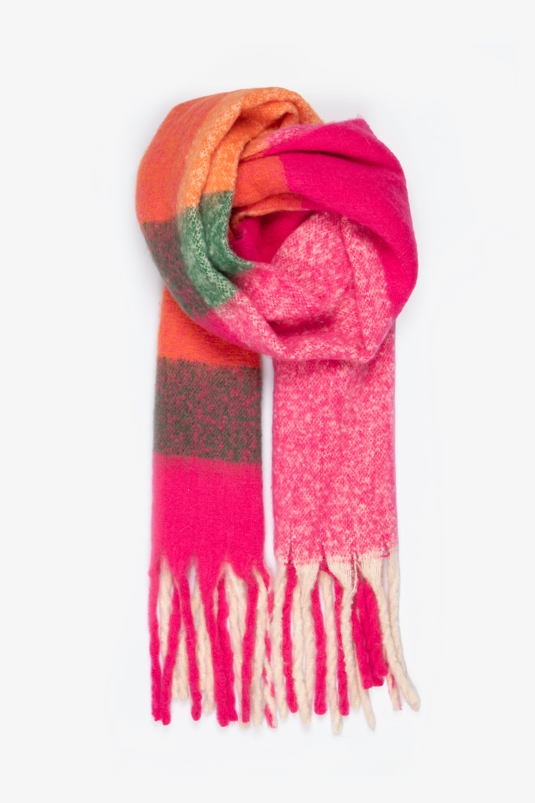 hot pink and green square colour block winter scarf with tassel trims