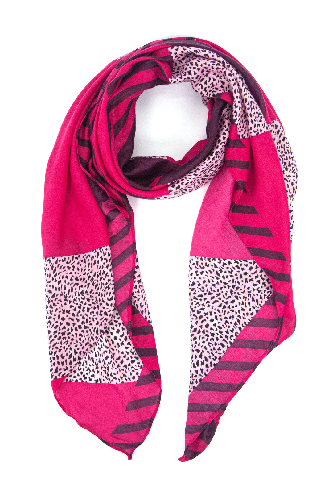 fuchsia pink scarf in a block print pattern with striped and contrasting neutral animal print 