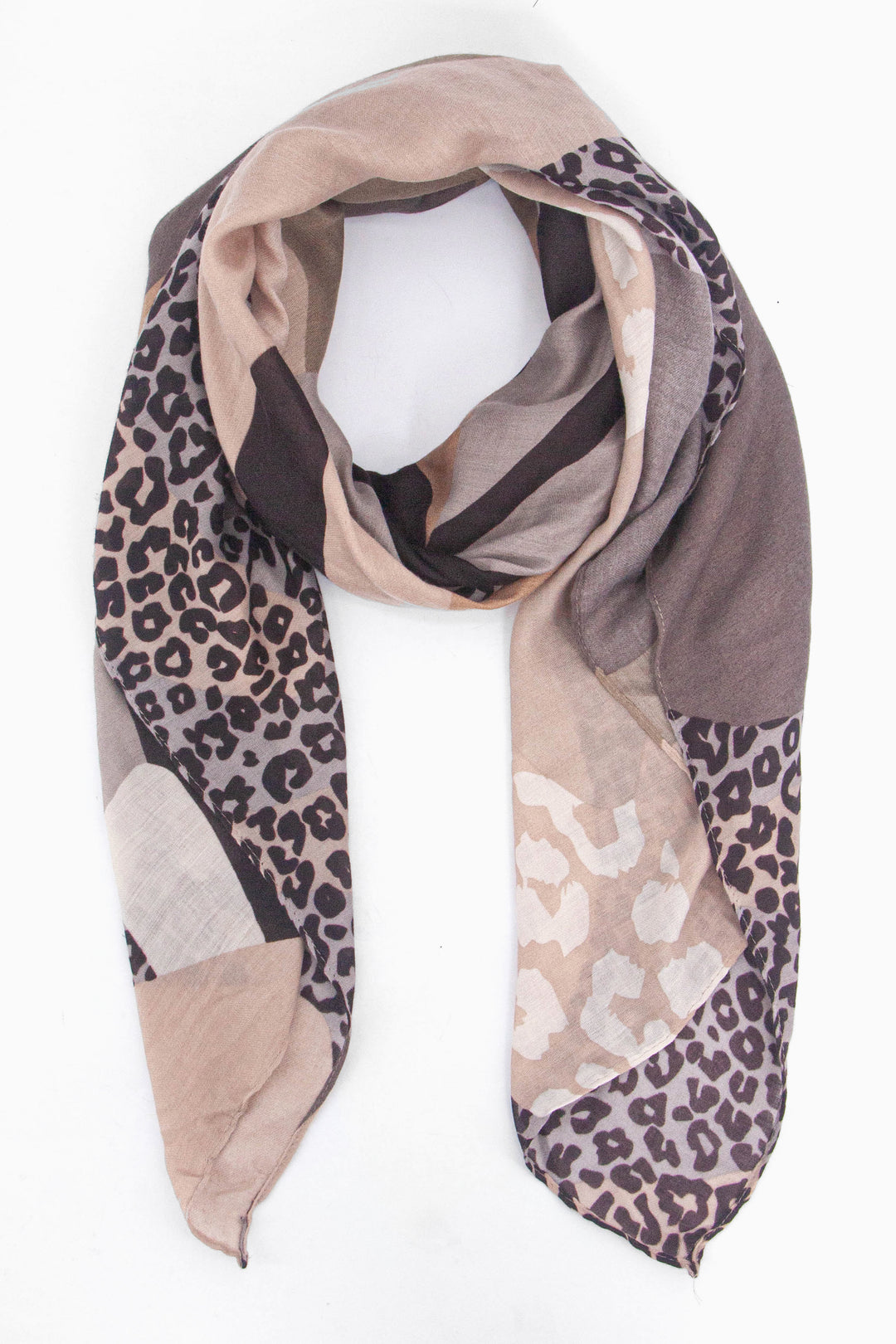 neutral beige scarf with a colour block design featuring animal print patterns