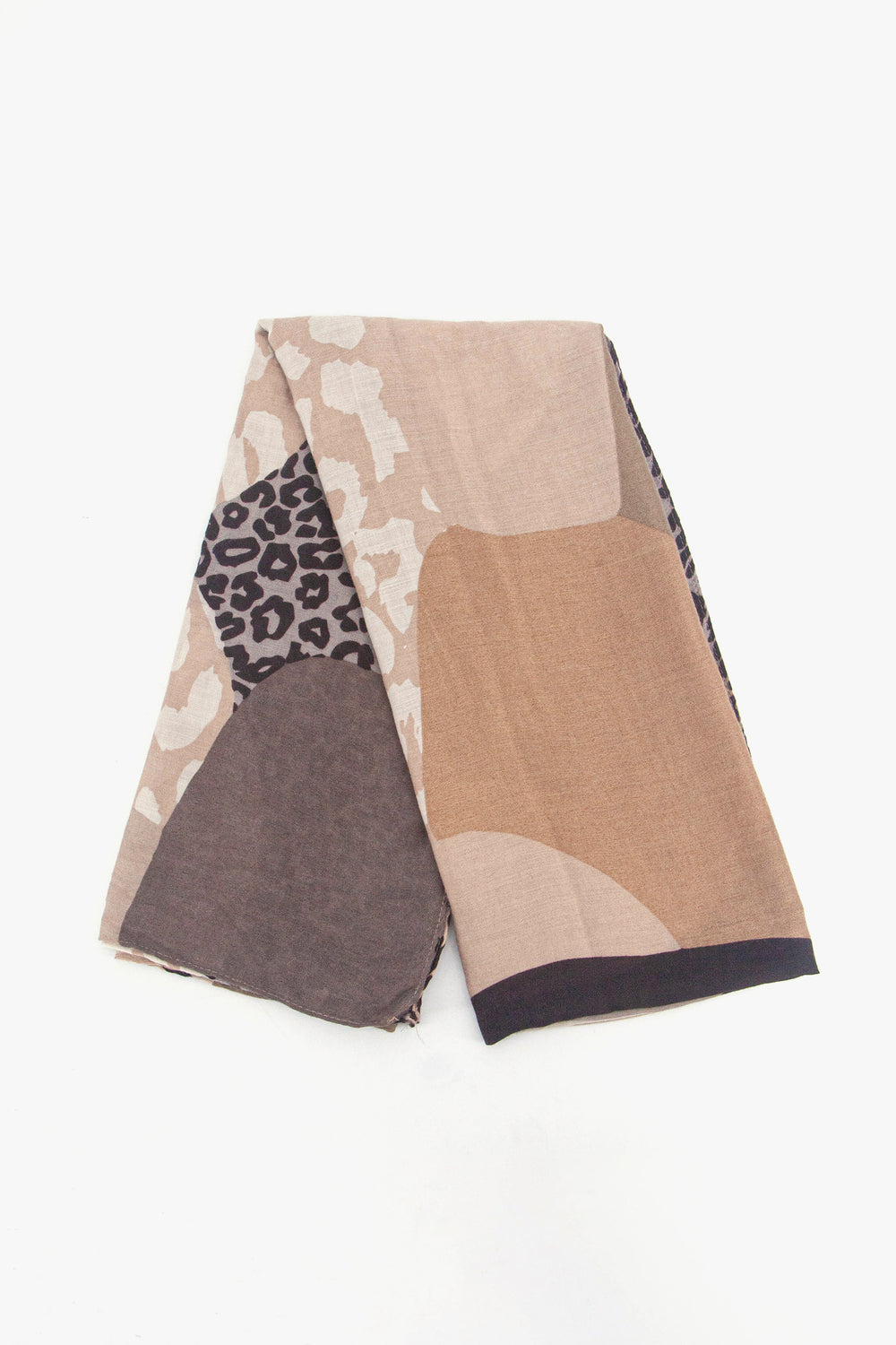 showing the scarf folded, the neutral colour block pattern is shown to cover the entire scarf