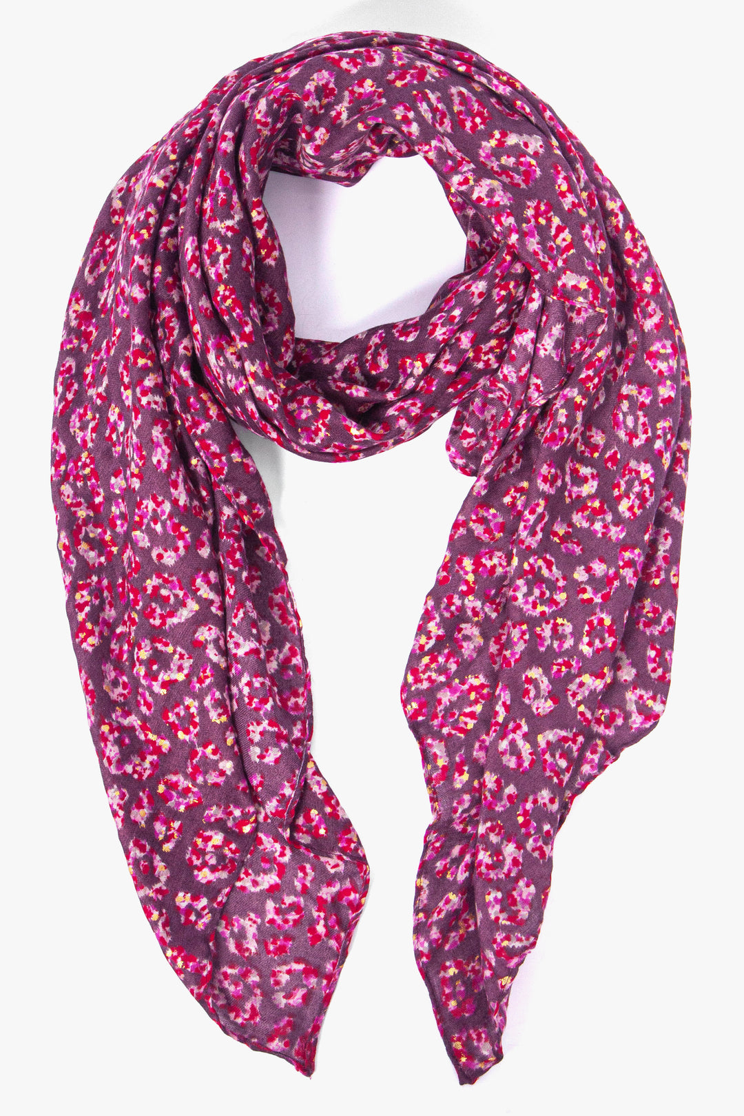 fuchsia scarf with an all over pink leopard print pattern with gold foil accents