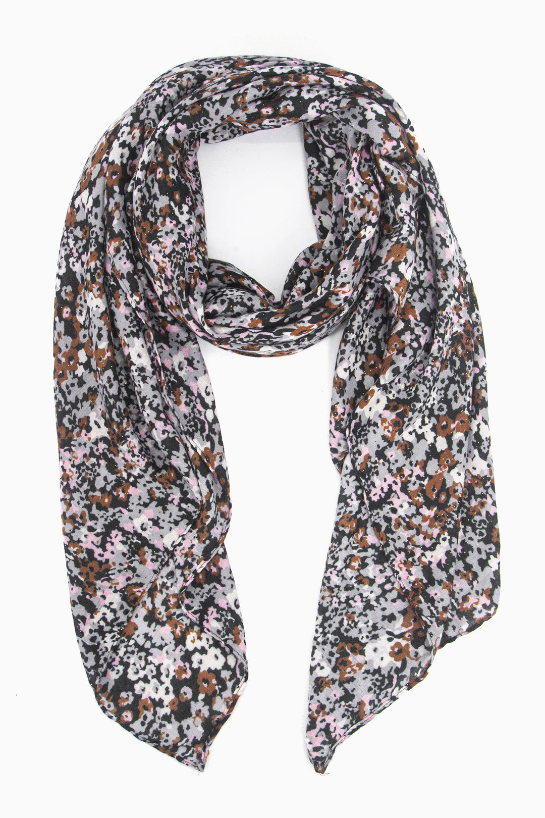 floral print lightweight scarf in neutral beige and brown tones, the floral pattern is small and all over the scarf