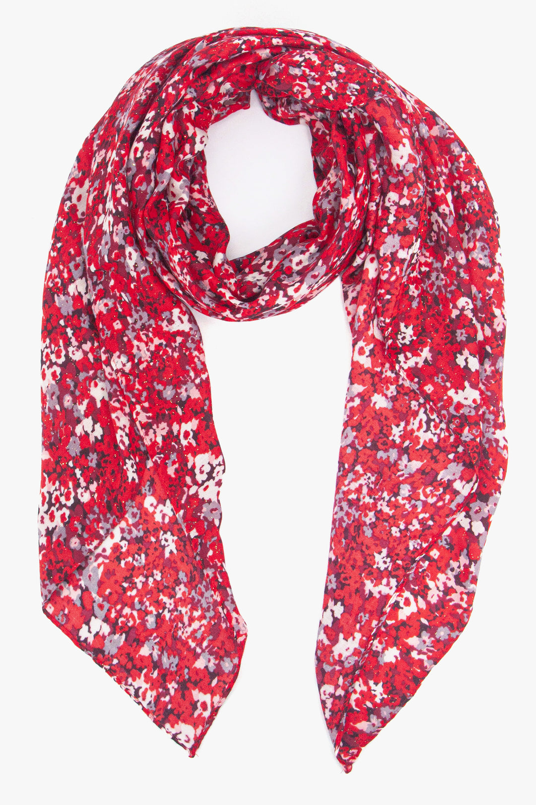 floral print lightweight scarf in red and grey tones, the floral pattern is small and all over the scarf