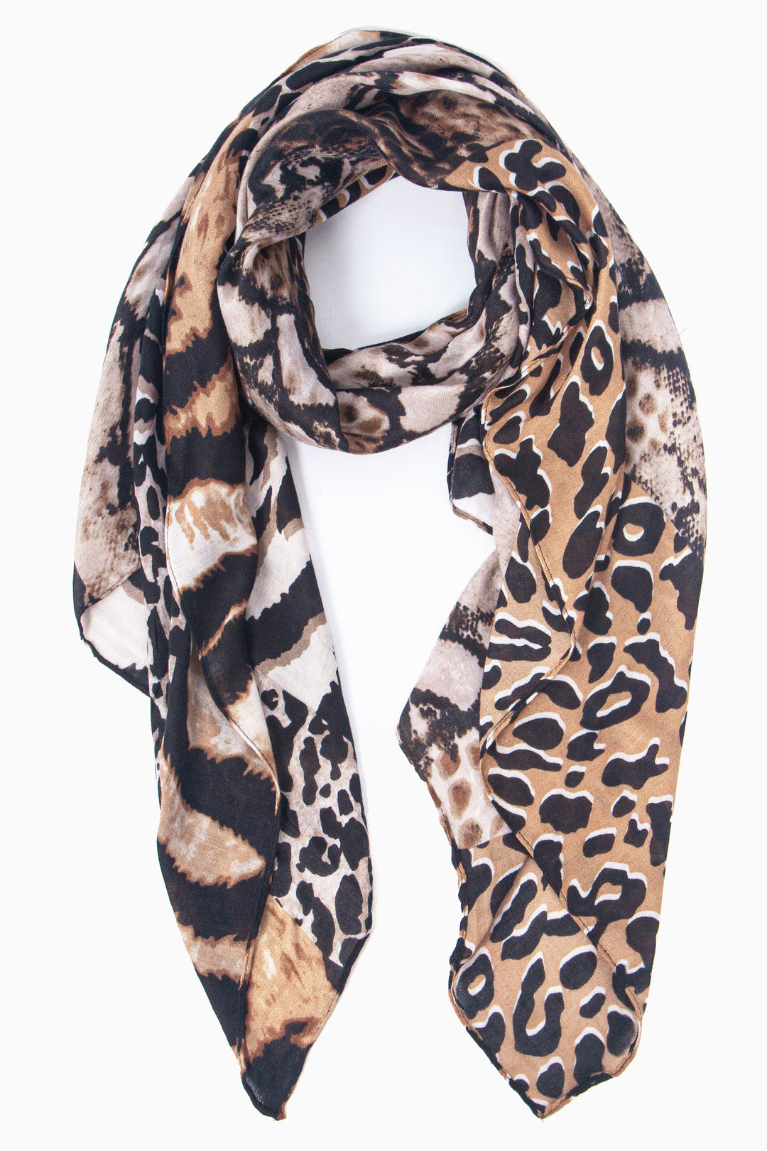 neutral mixed animal print lightweight scarf, the scarf has leopard, tiger, snake and zebra print patterns