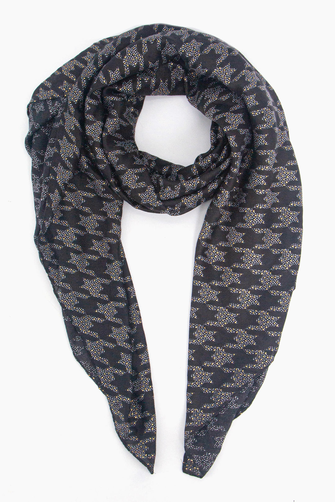 black scarf with a houndstooth pattern and subtle foil accents