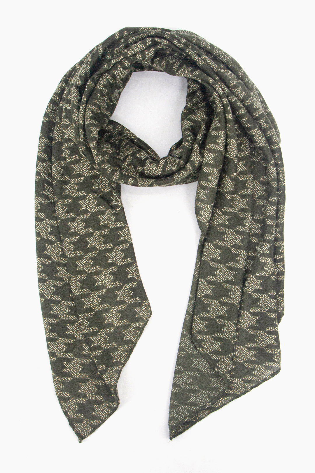 khaki green scarf with a houndstooth pattern and subtle foil accents