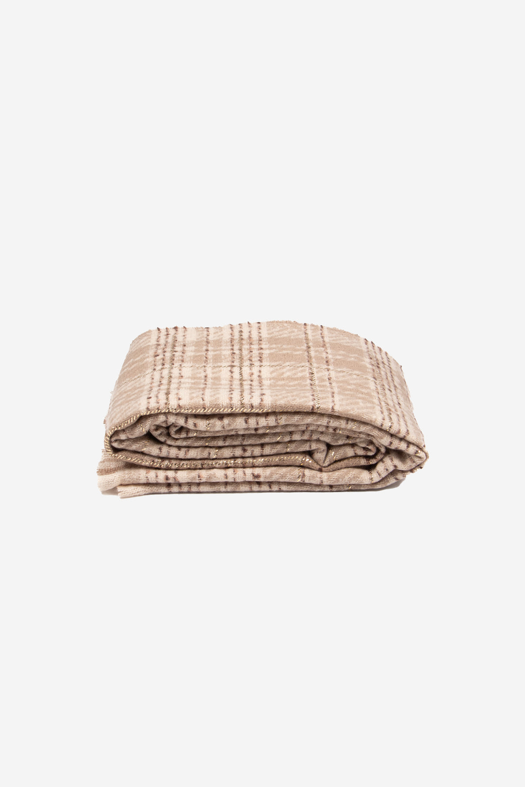 side view of the scarf when folded, showing the texture and thickness of the material. this scarf is lightweight