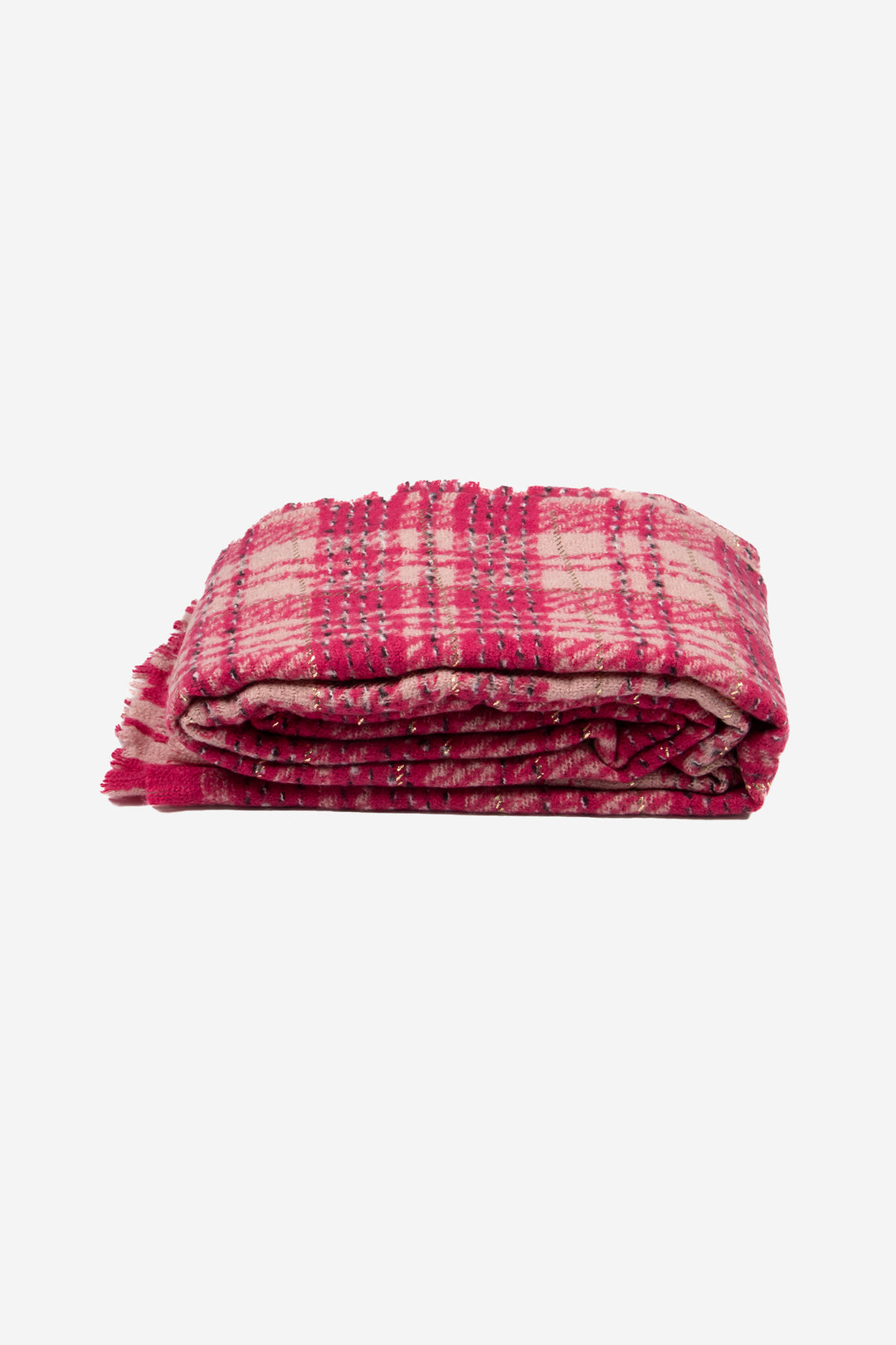 side view of the scarf when folded, showing the texture and thickness of the material. this scarf is lightweight