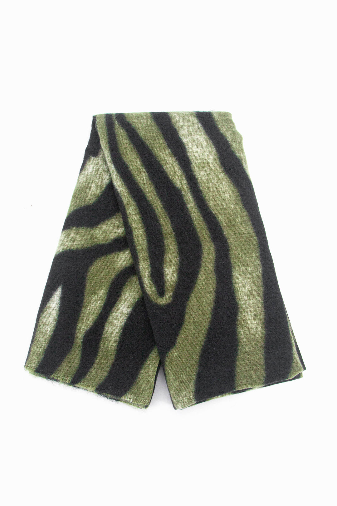 showing the scarf folded, the green and black zebra stripe pattern is shown to cover the whole design.