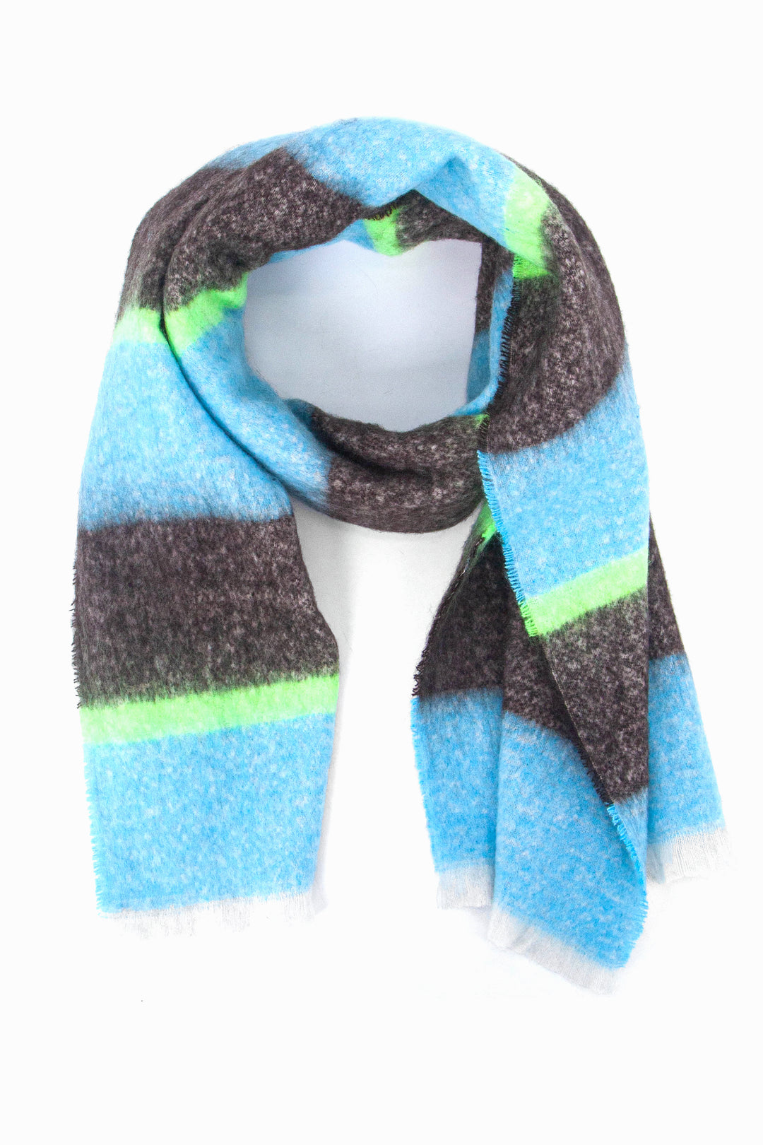 black, blue and neon green block stripe midweight scarf with a fringed edge