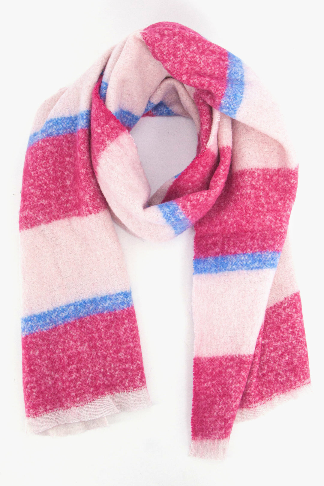 pink, white and blue block stripe midweight scarf with a fringed edge