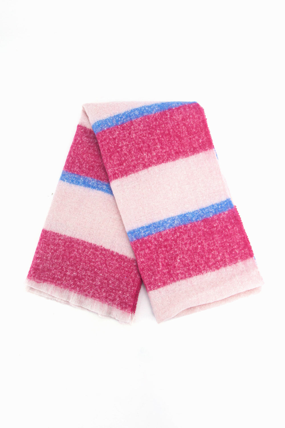 showing the scarf folded the block stripe pattern is shown to cover the whole scarf, there are thick pink and white stripes interspersed with a thin blue stripe