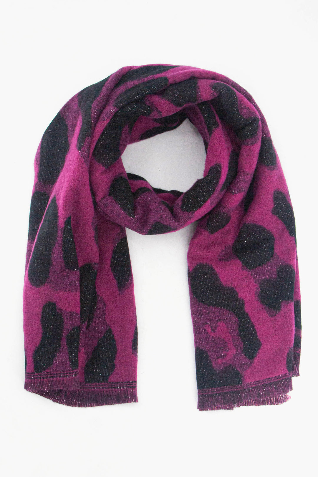 fuchsia pink and black bold animal print winter scarf with a touch of sparkly silver glitter woven throughout