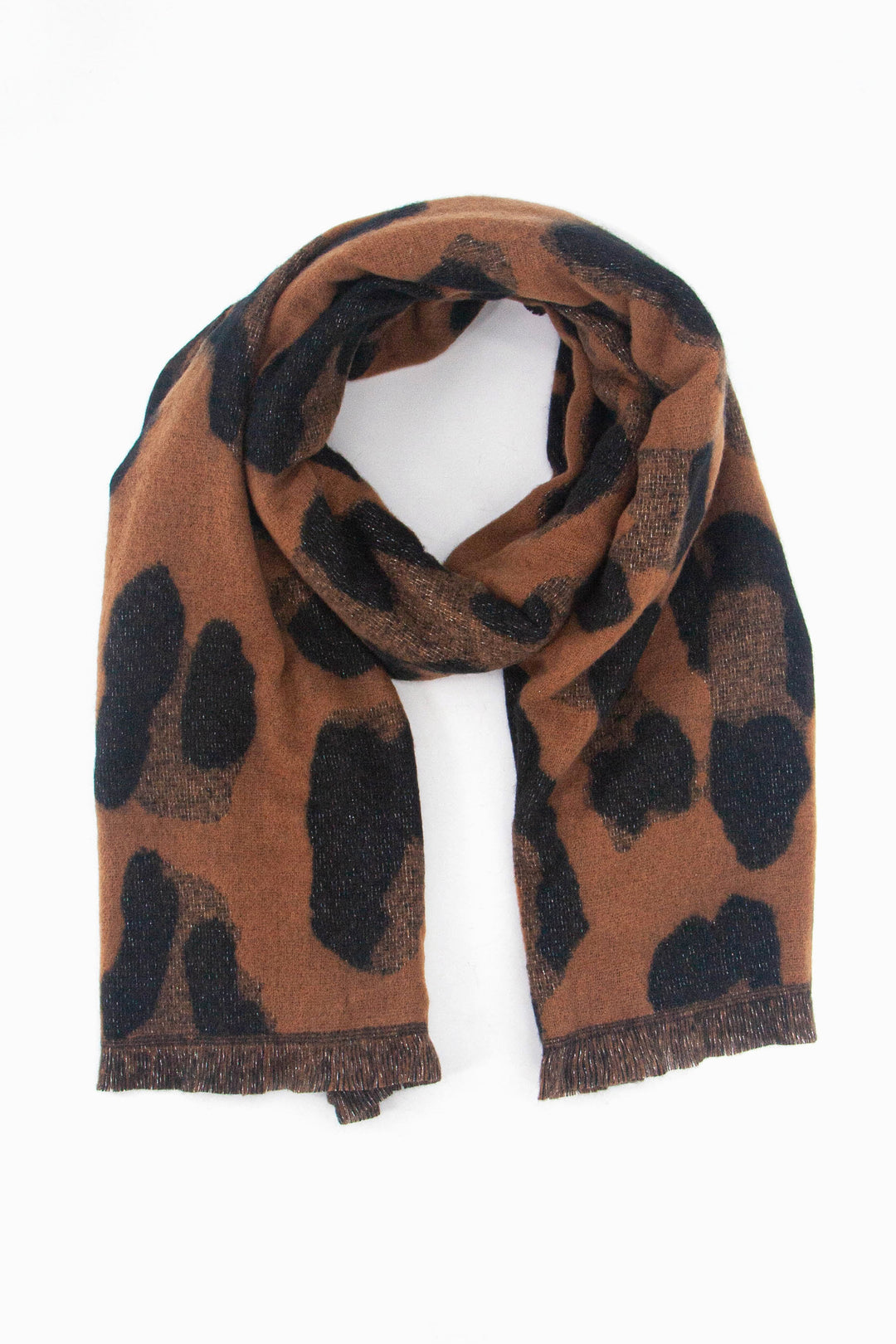 neutral brown and black bold animal print winter scarf with a touch of sparkly silver glitter woven throughout