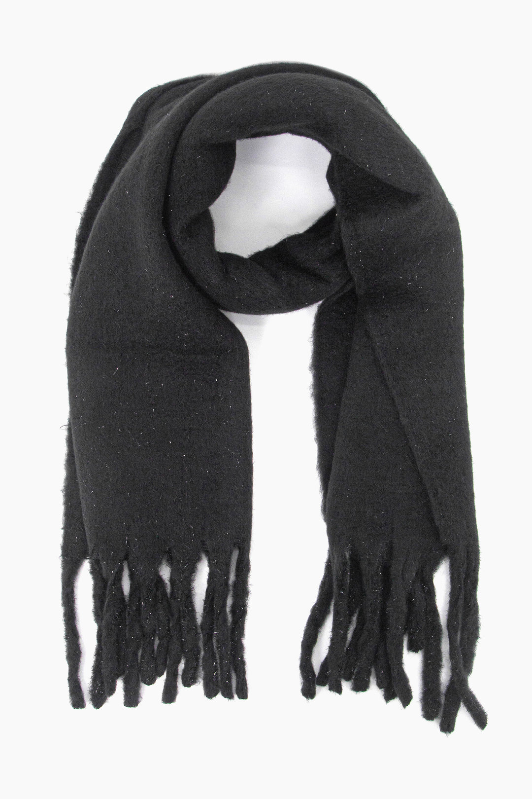 black knitted winter scarf with tassels, the scarf has a tinsel effect sparkly material