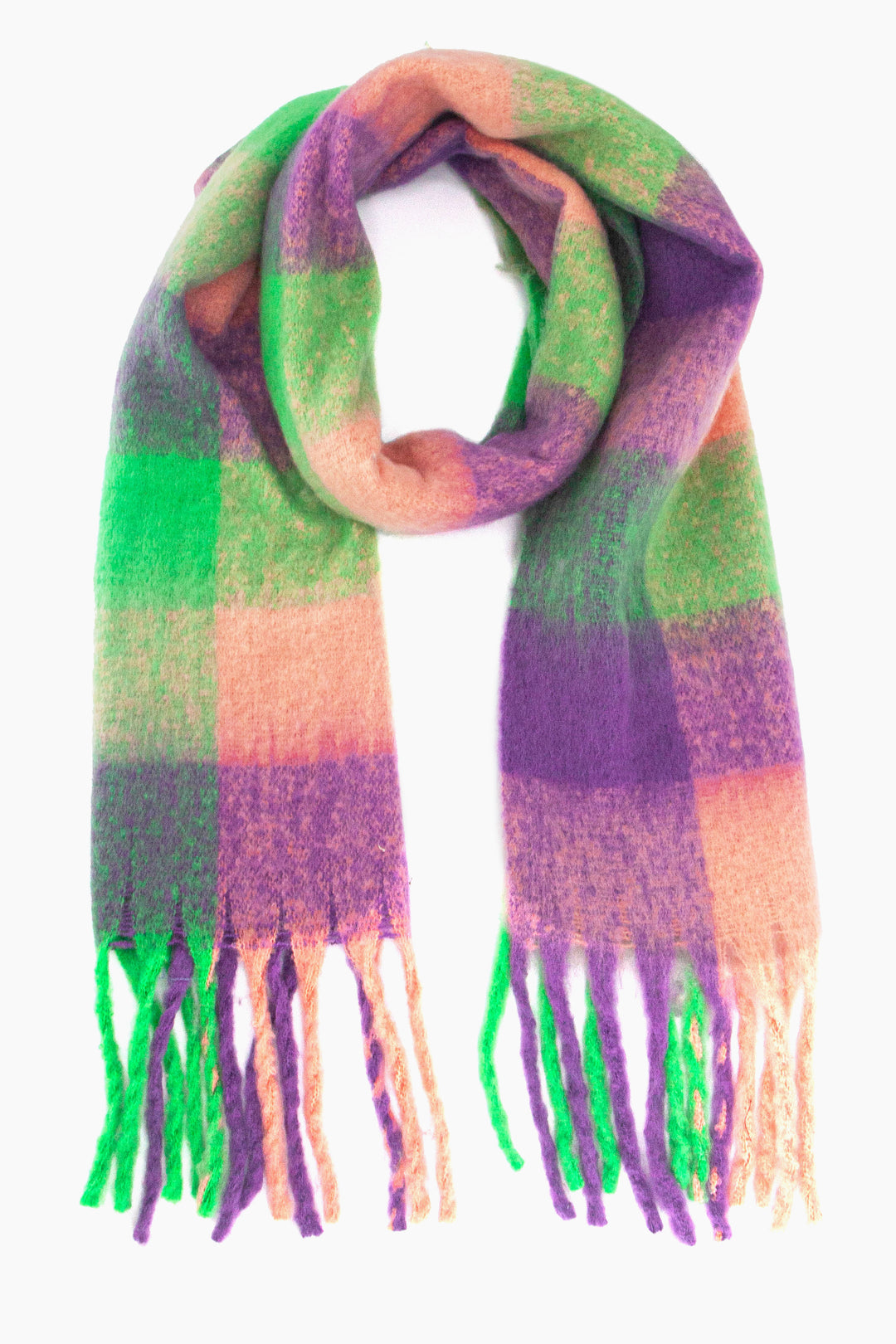 green, pink and purple check patterned winter scarf with colourful tassels