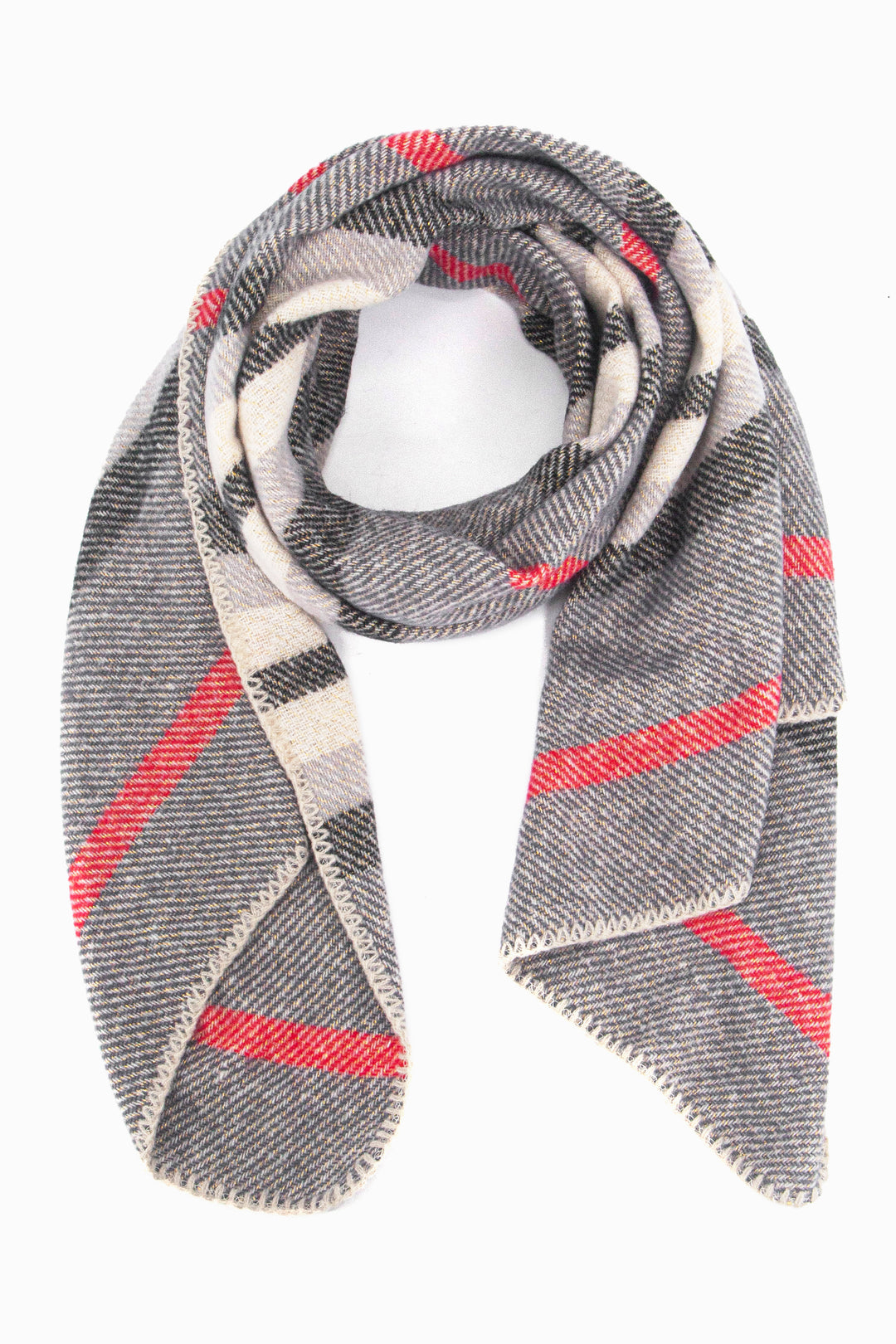 grey scarf with pink and cream stripes, the scarf is heavyweight and has a stitched edge