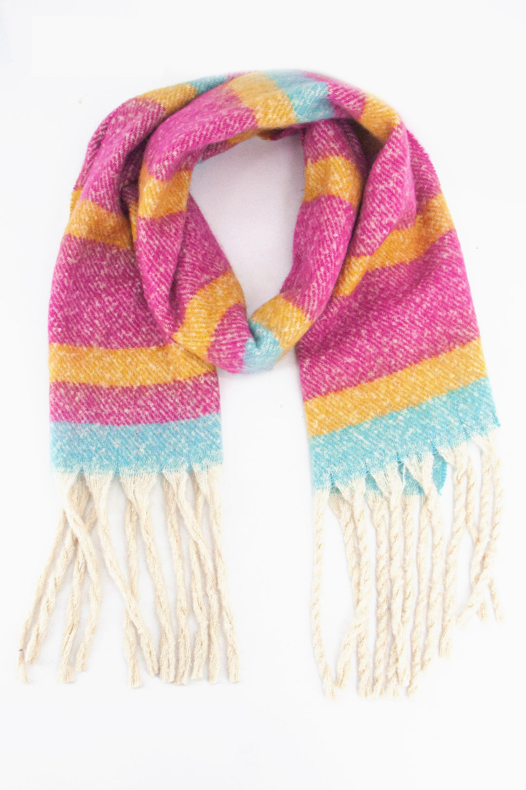 fuchsia pink, yellow and blue horizontal striped scarf with a cream tasselled fringe