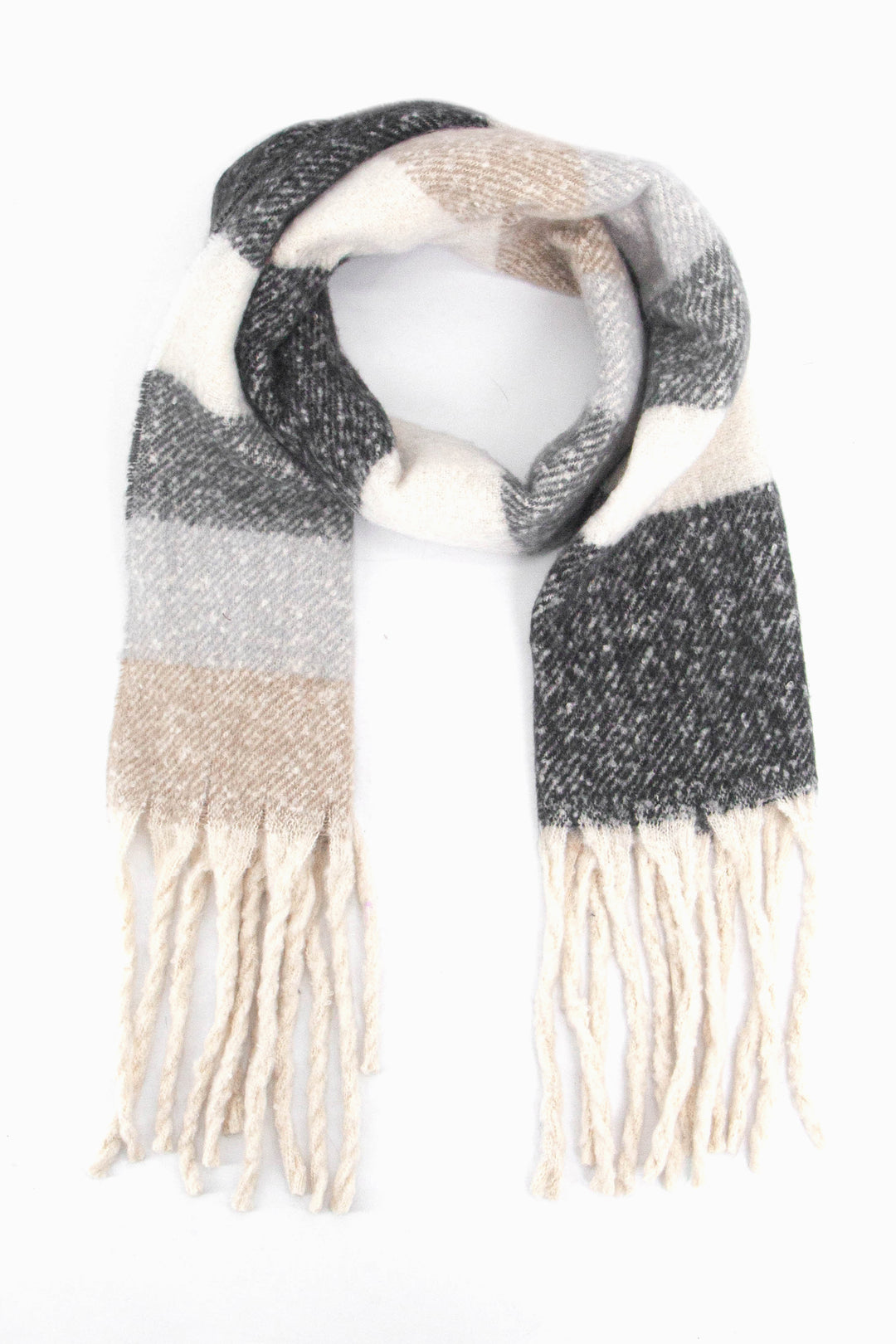 winter scarf with contrasting grey stripes and a white tassel trim