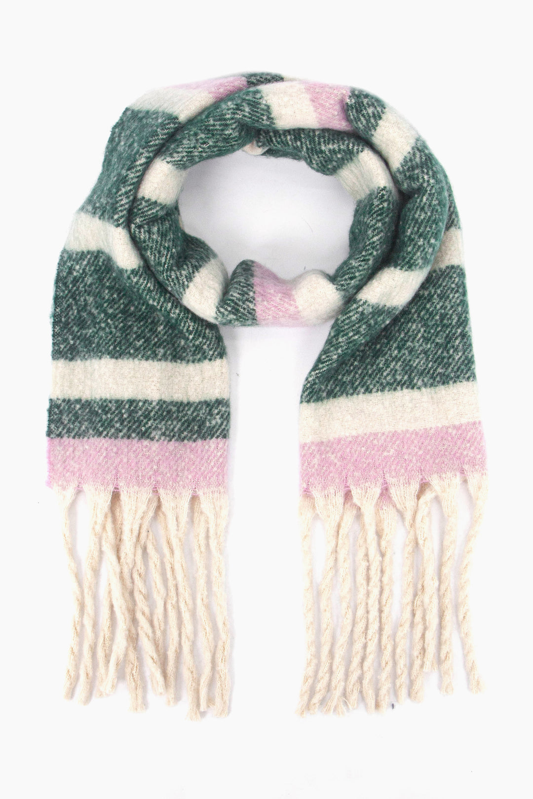 green, pink and cream horizontal striped scarf with a cream tasselled fringe