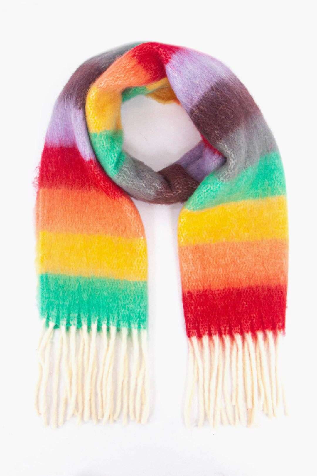 red, orange, yellow, green, purple horizontal rainbow striped winter scarf with white tassel trim