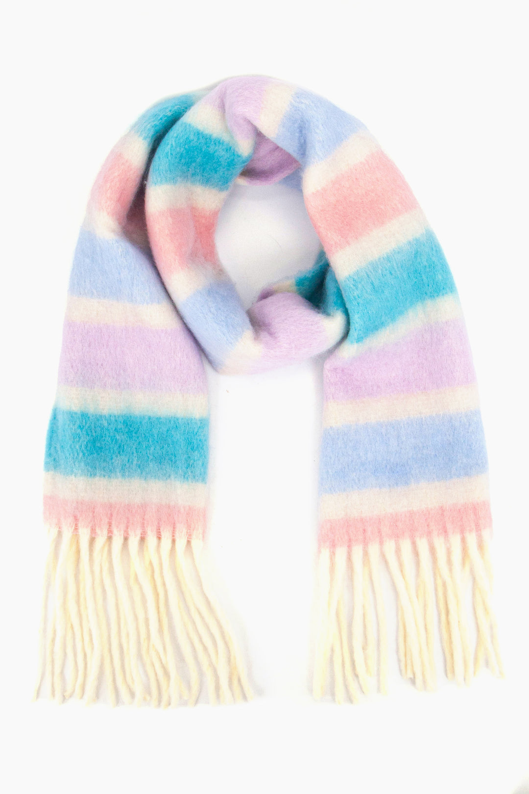 pastel blue, lilac and pink horizontal striped blanket scarf with a cream tassel trim 