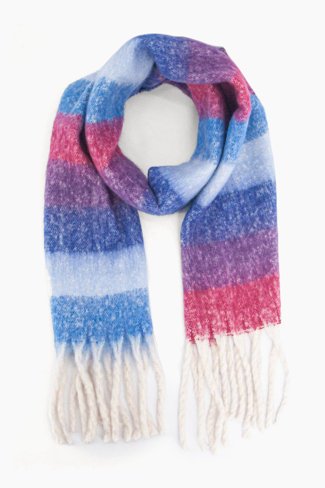 blue, pink and purple rainbow striped scarf with a white tassel trim