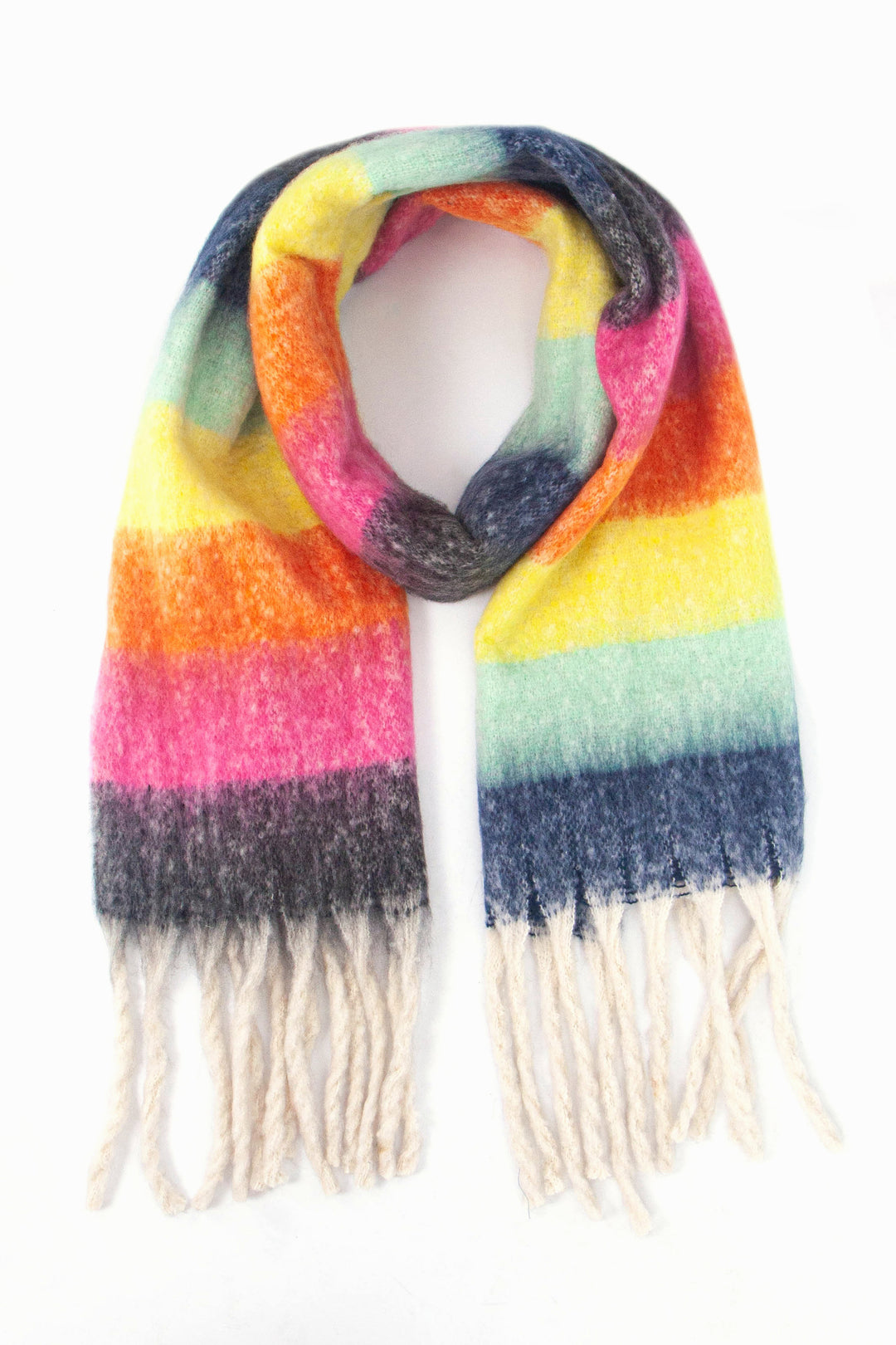 multicoloured rainbow striped scarf with a white tassel trim