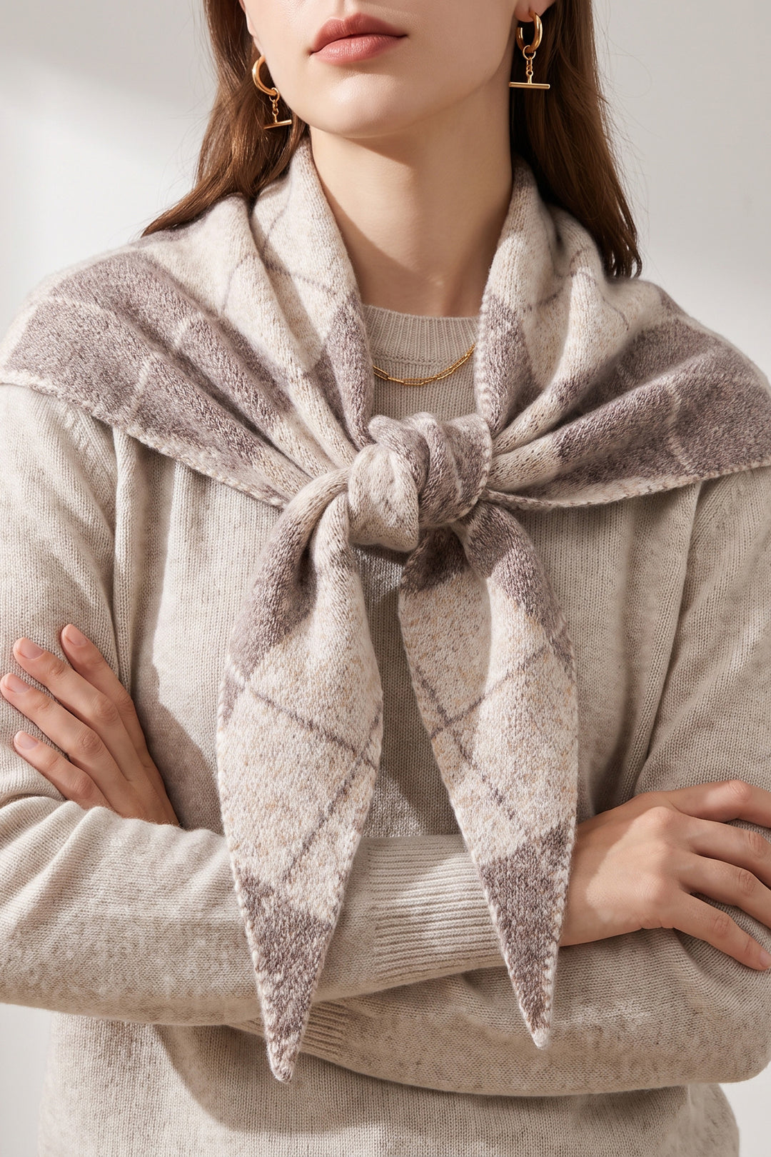 Traditional Check Triangle Heavyweight Scarf in Cream/Beige