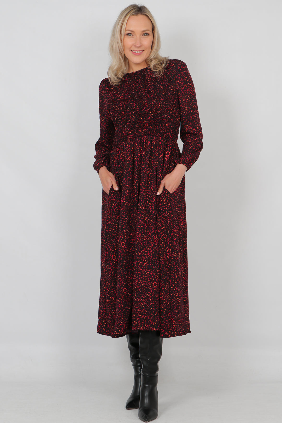 Fuchsia Speckled Print Full Shirring Dress