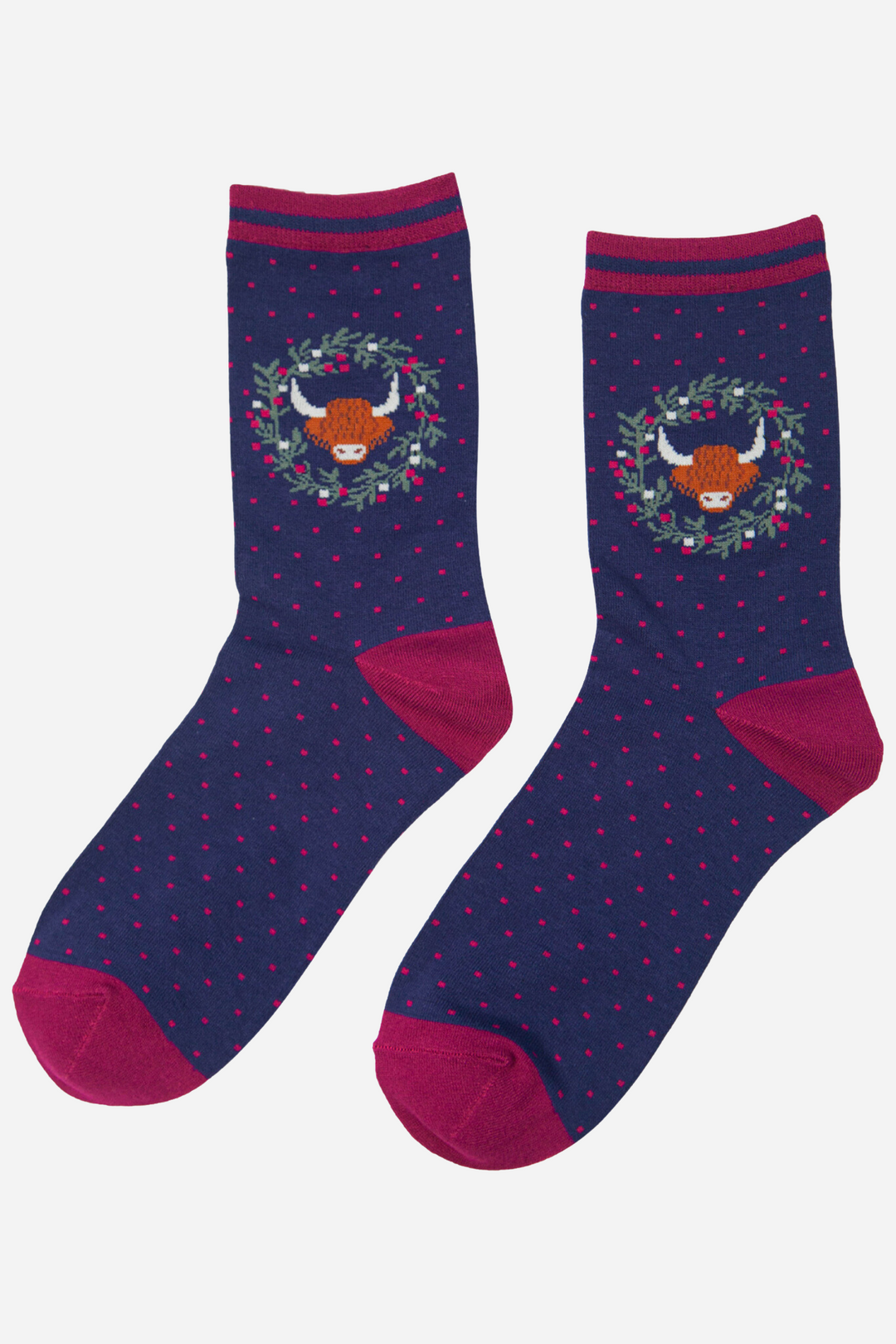 Women's Bamboo Socks Highland Cow Wreath Print Ankle Socks Navy Blue